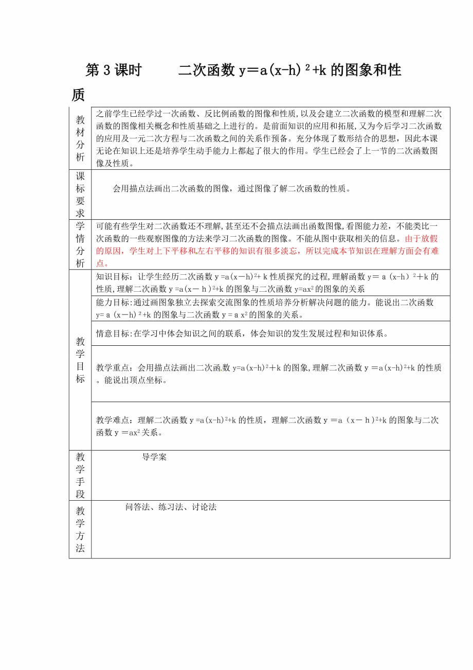 人教版数学九年级上册《22.1.3 第3课时二次函数y=a（x-h）2+k的图象和性质2》学案_第1页