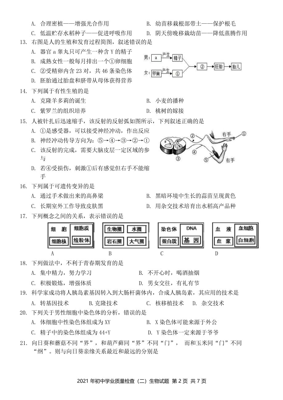 2021年福建省泉州晋江市初中学业质量检查（二）生物试题含参考答案_第2页