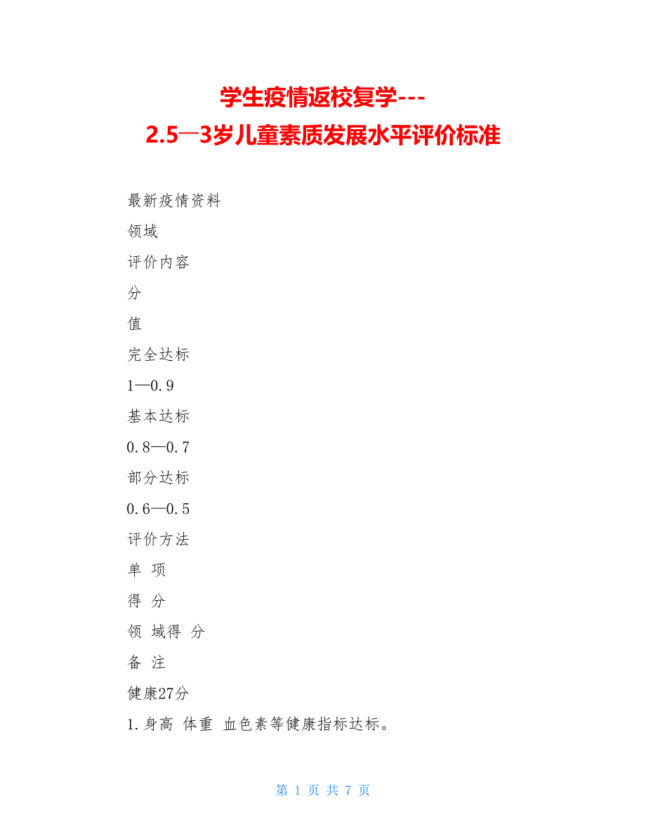 学生疫情返校复学-2.5――3岁儿童素质发展水平评价标准_第1页