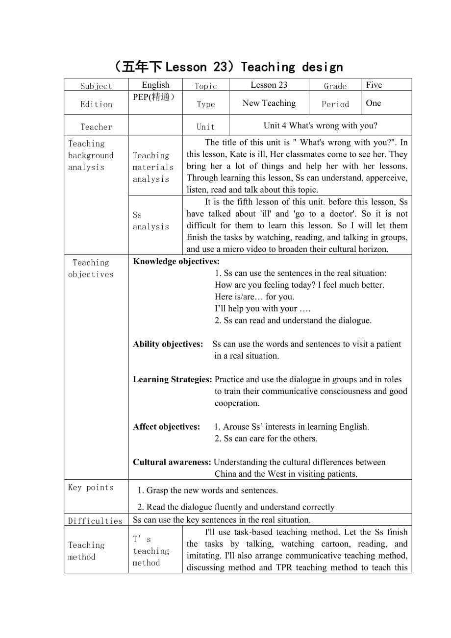 五年级下册英语学案Unit4What'swrongwithyou？（Lesson23）人教精通版(1)_第1页