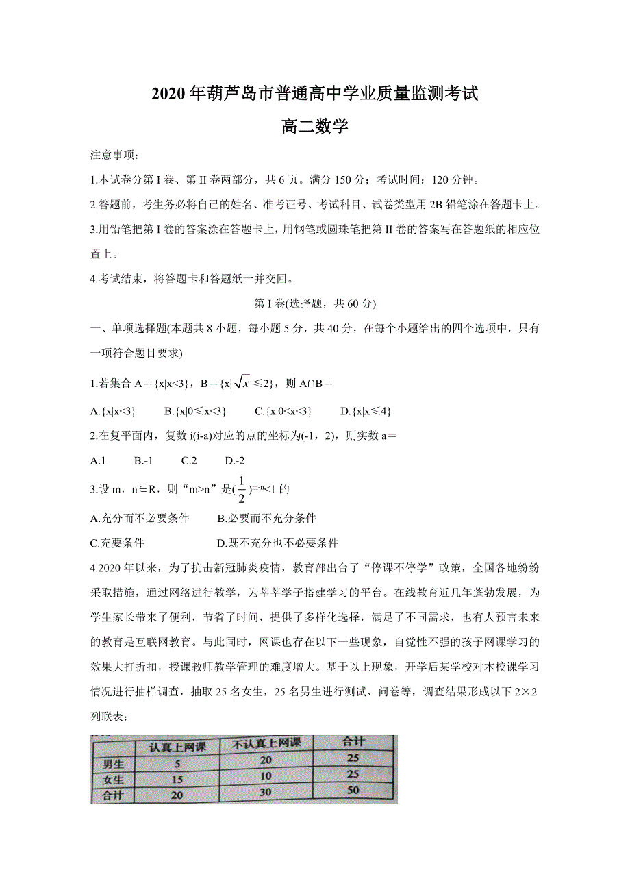 辽宁省葫芦岛市2019-2020高二下学期期末考试数学（及答案）_第1页