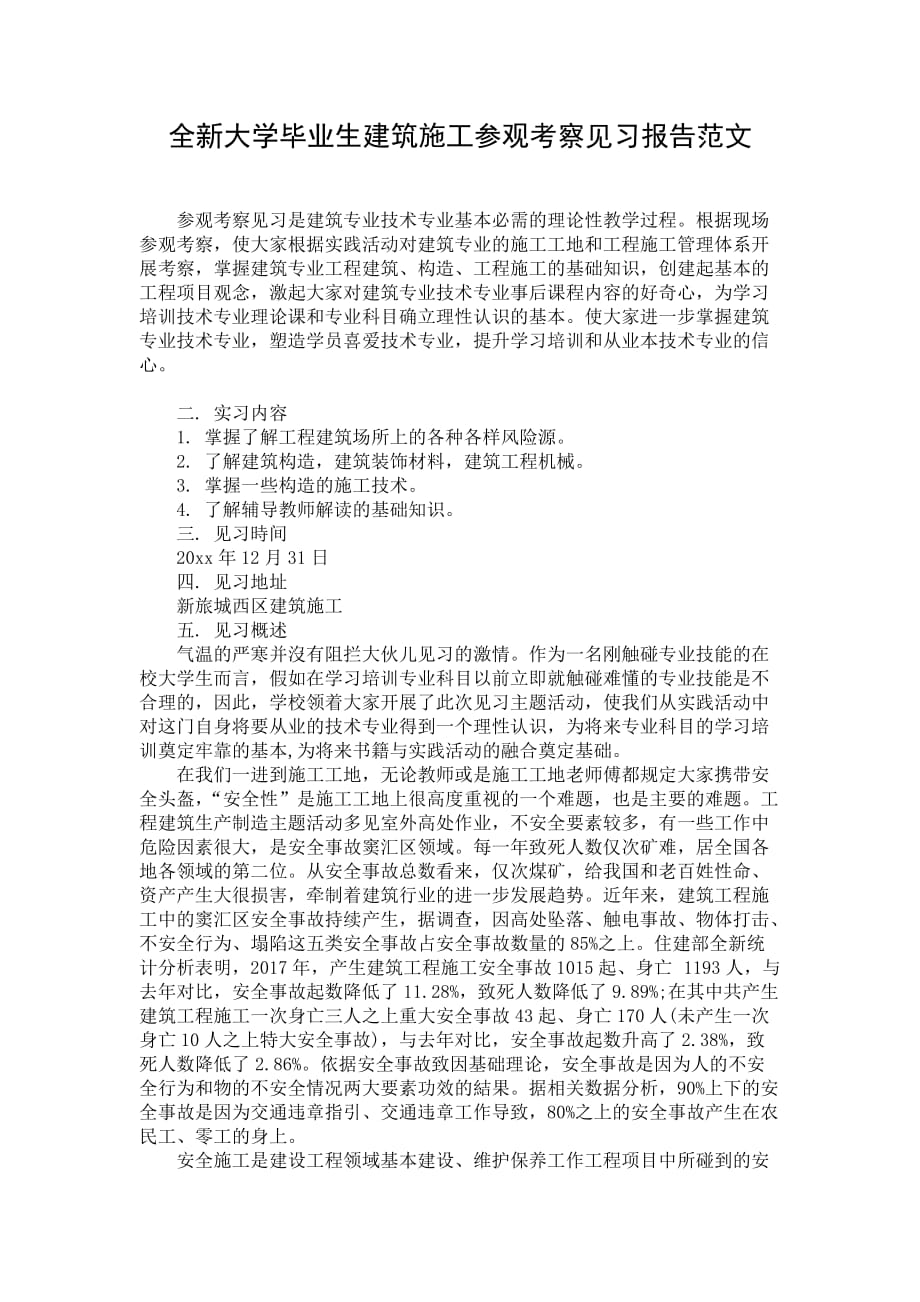 全新大学毕业生建筑施工参观考察见习报告范文_第1页