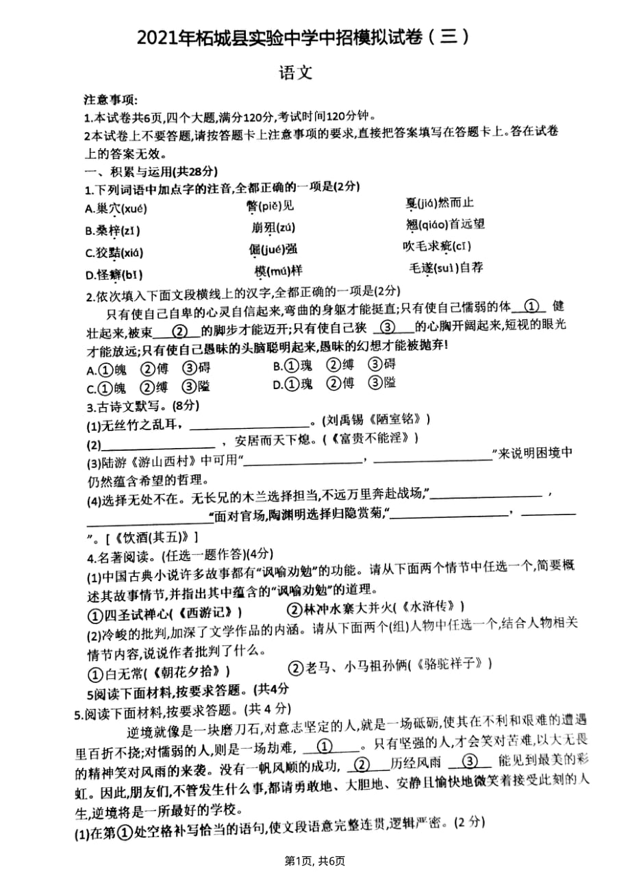 2021年河南省商丘市柘城县中考三模语文试卷及答案_第1页