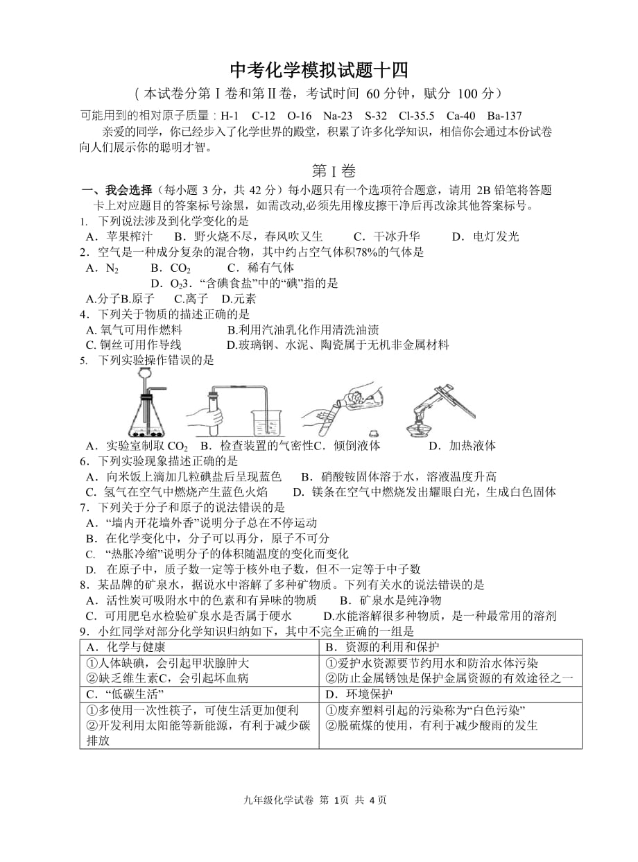 中考化学模试题_第1页