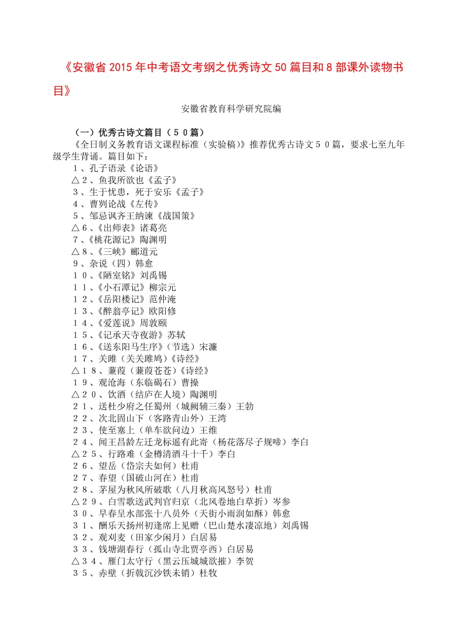 《安徽省2015年中考语文考纲之优秀诗文50篇目和8部课外读物书目》_第1页