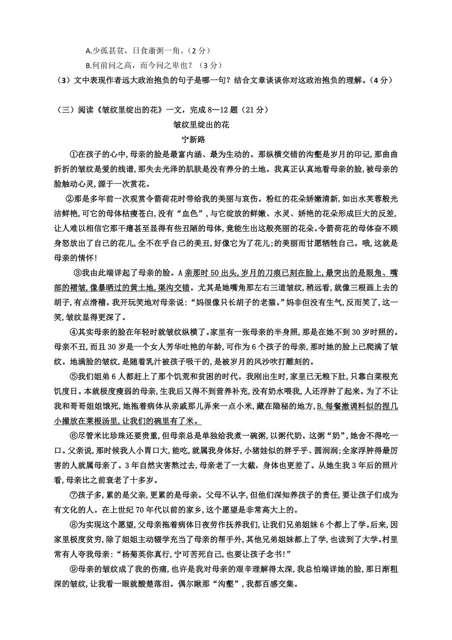 福建省厦门市四校2019-2020学年第一学期九年级上学期期中考试语文试题及答案_第3页