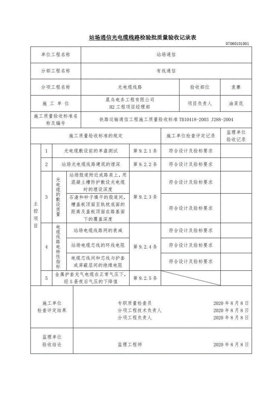 新版站场通信光电缆线路检验批质量验收记录表_第1页