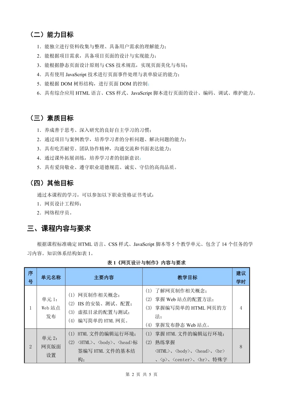网页设计与制作(HTML+CSS+JavaScript)_张洪斌 刘万辉_课程标准_第2页