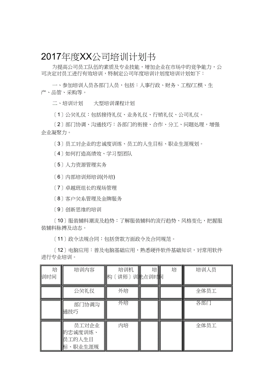 度XX公司培训计划书doc_第1页