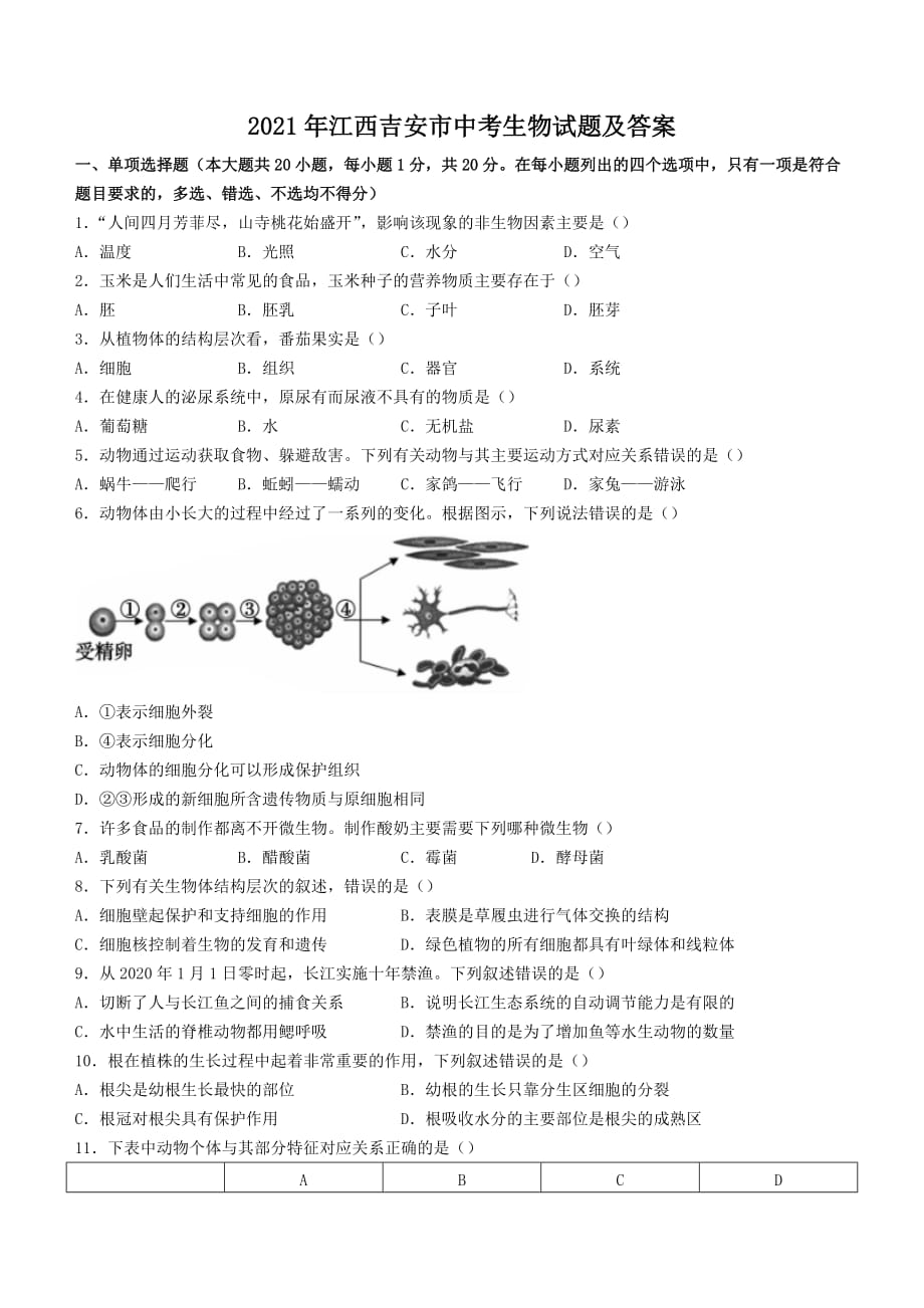 2021年江西吉安市中考生物试题附答案_第1页