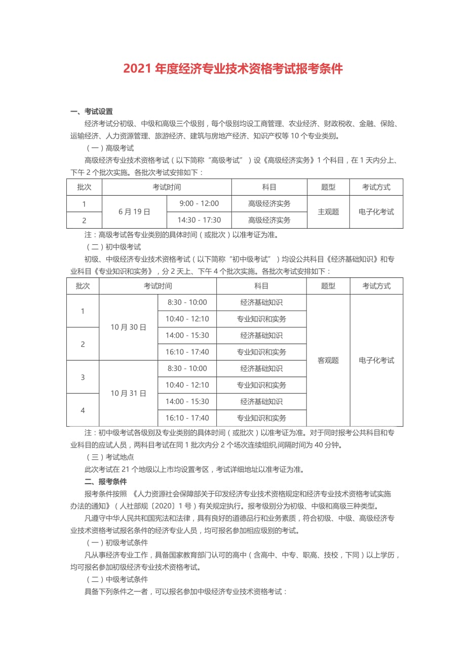 2021年度经济专业技术资格考试报考条件_第1页