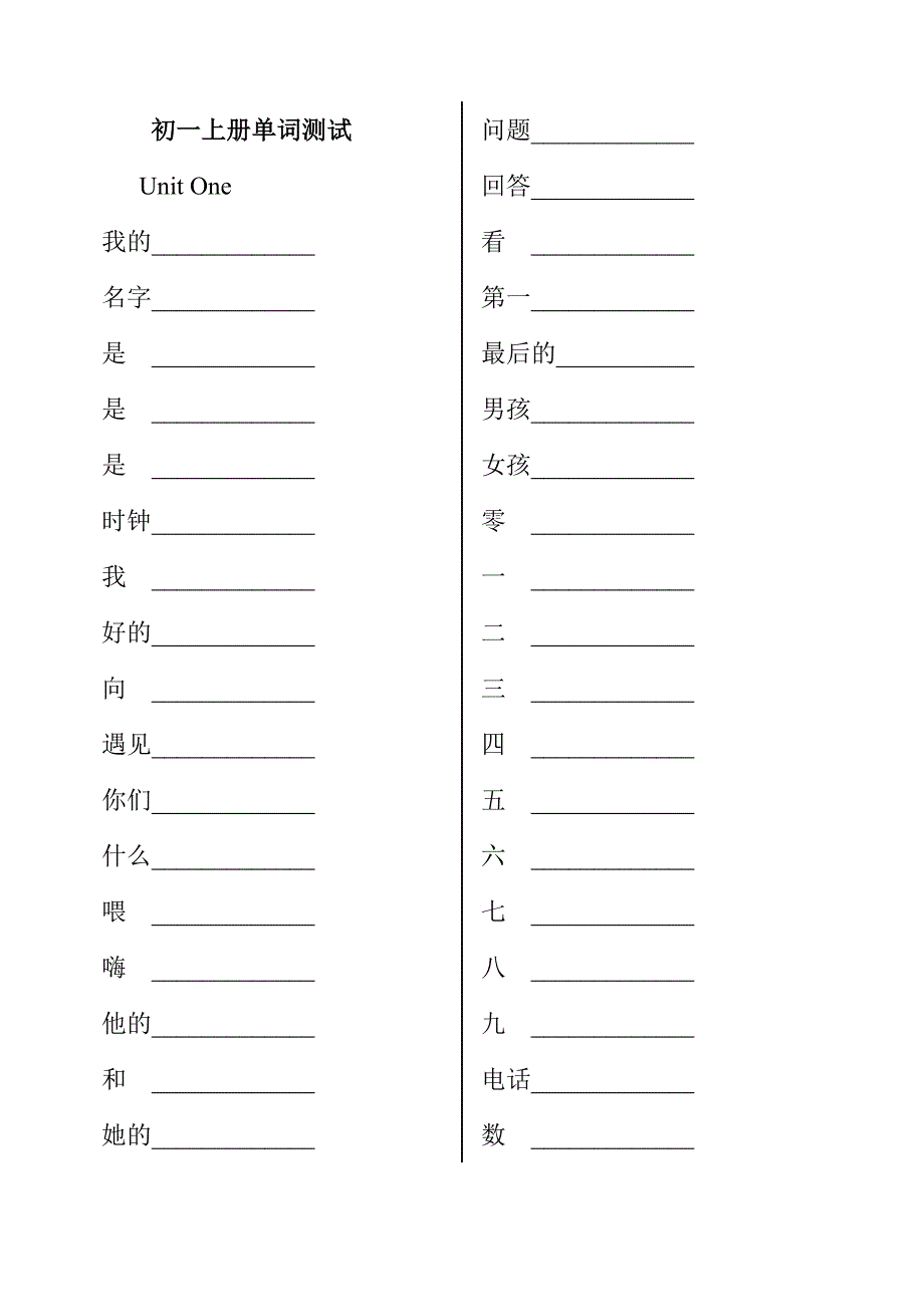 （推荐）初一英语上、下册单词汉译英自测表_第1页