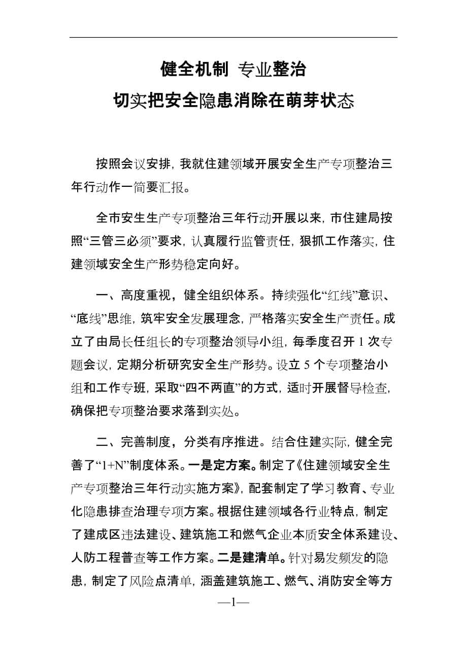 党办：健全机制专业整治切实把安全隐患消除在萌芽状态安全生产三年行动交流发言_第1页