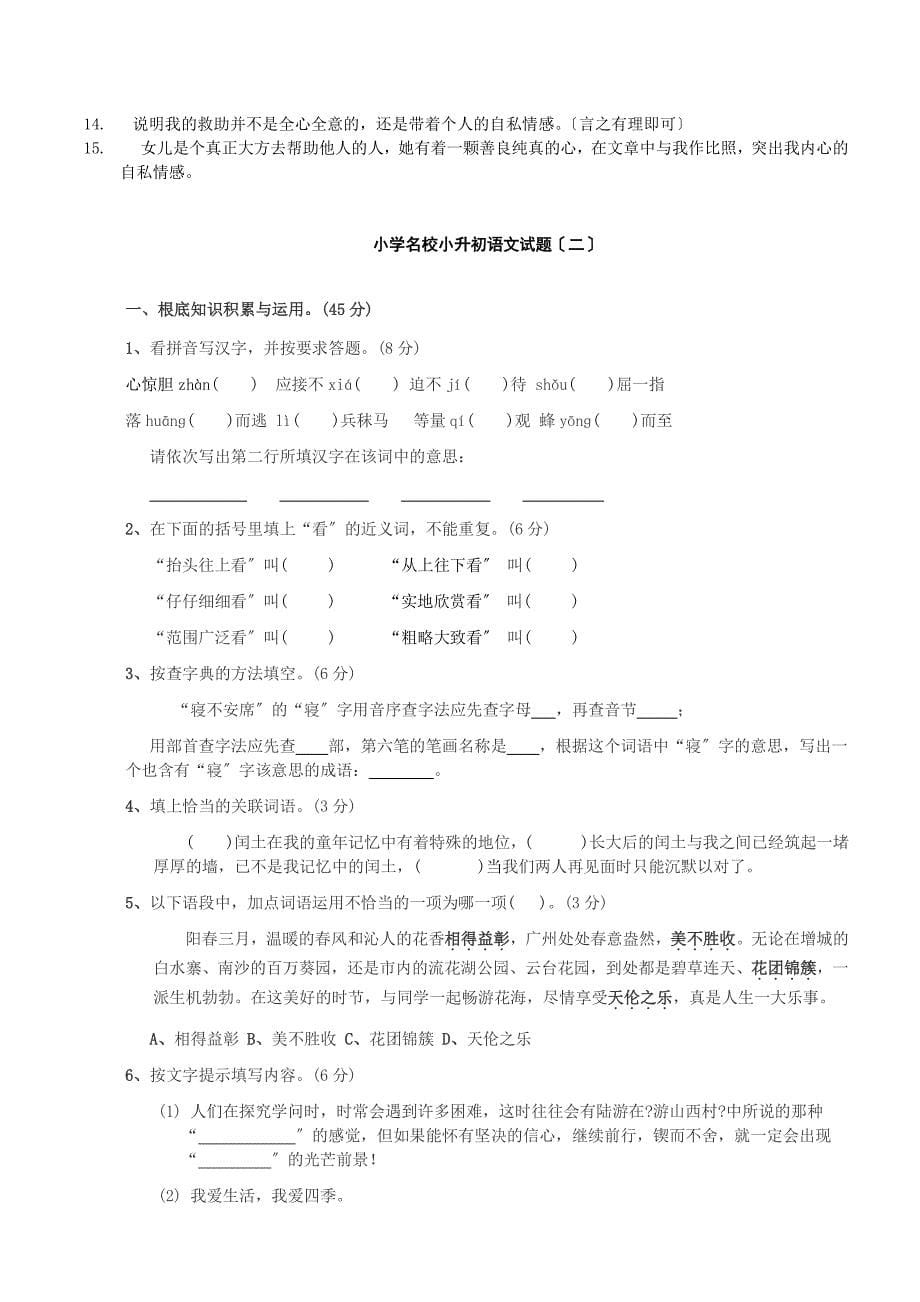 小学名校小升初语文试题精品四套附答案_第5页