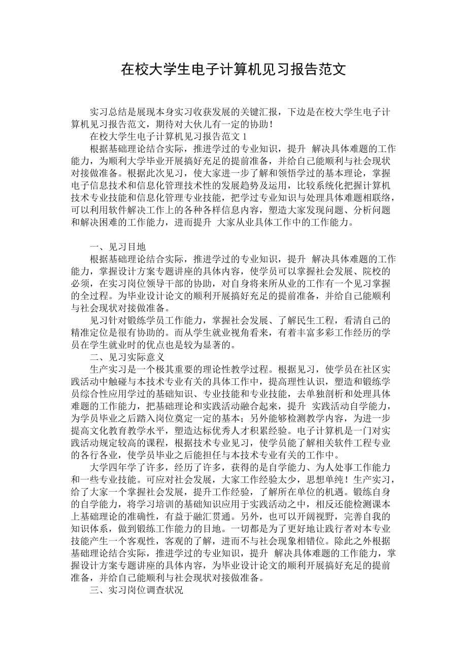 在校大学生电子计算机见习报告范文_第1页