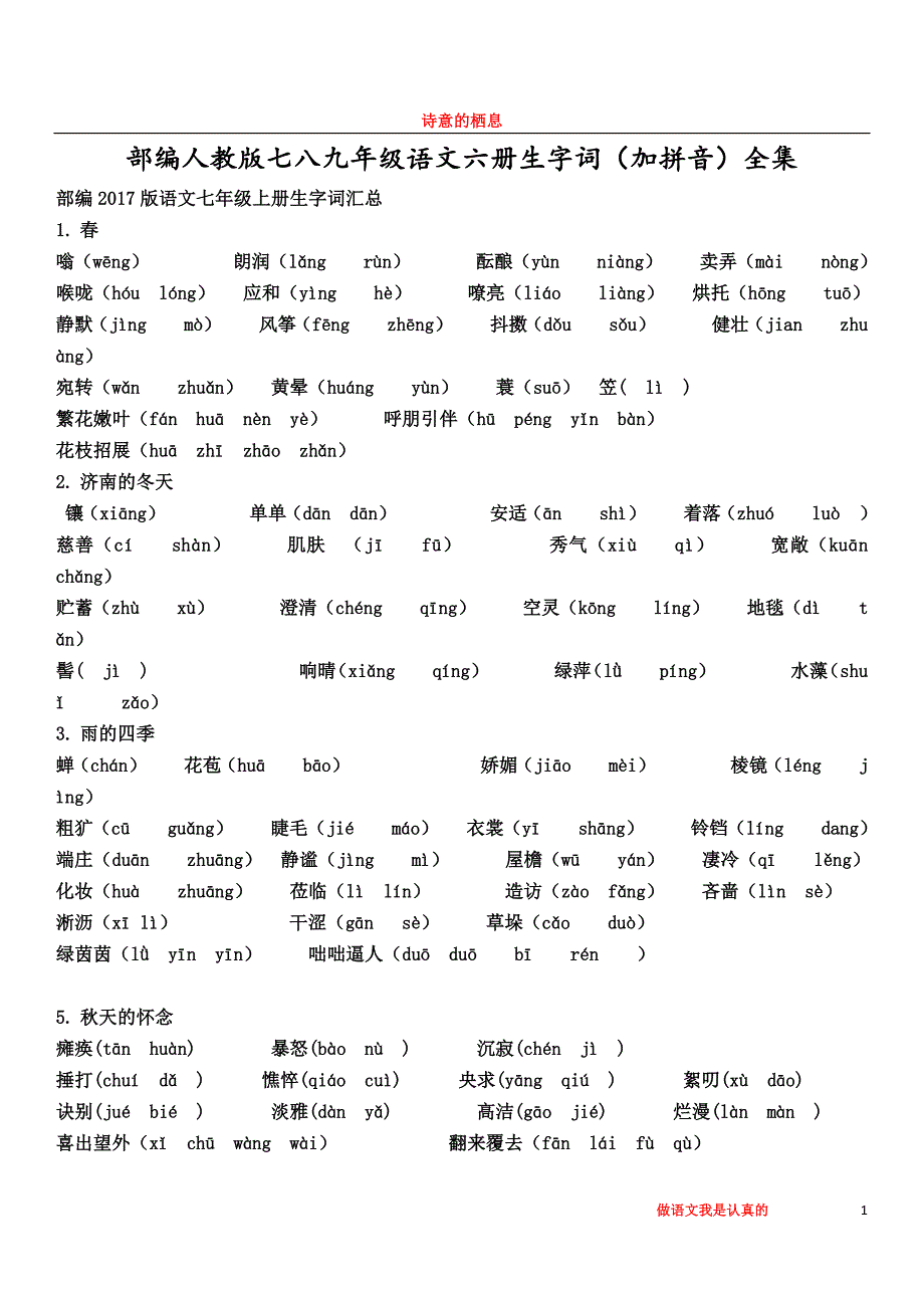初中语文六册生字词汇总_第1页