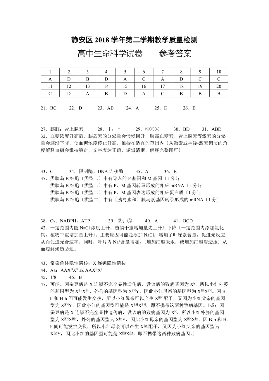 学年二模06_静安 参考答案(1)doc_第1页