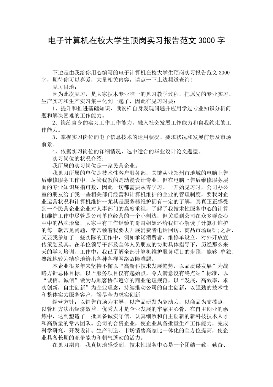 电子计算机在校大学生顶岗实习报告范文3000字_第1页