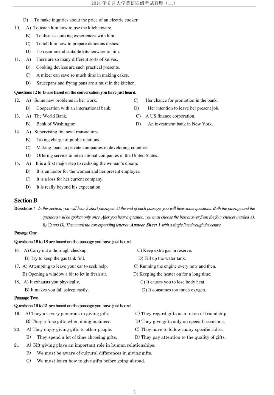 2014年6月年大学英语四级考试真题（二）_第2页