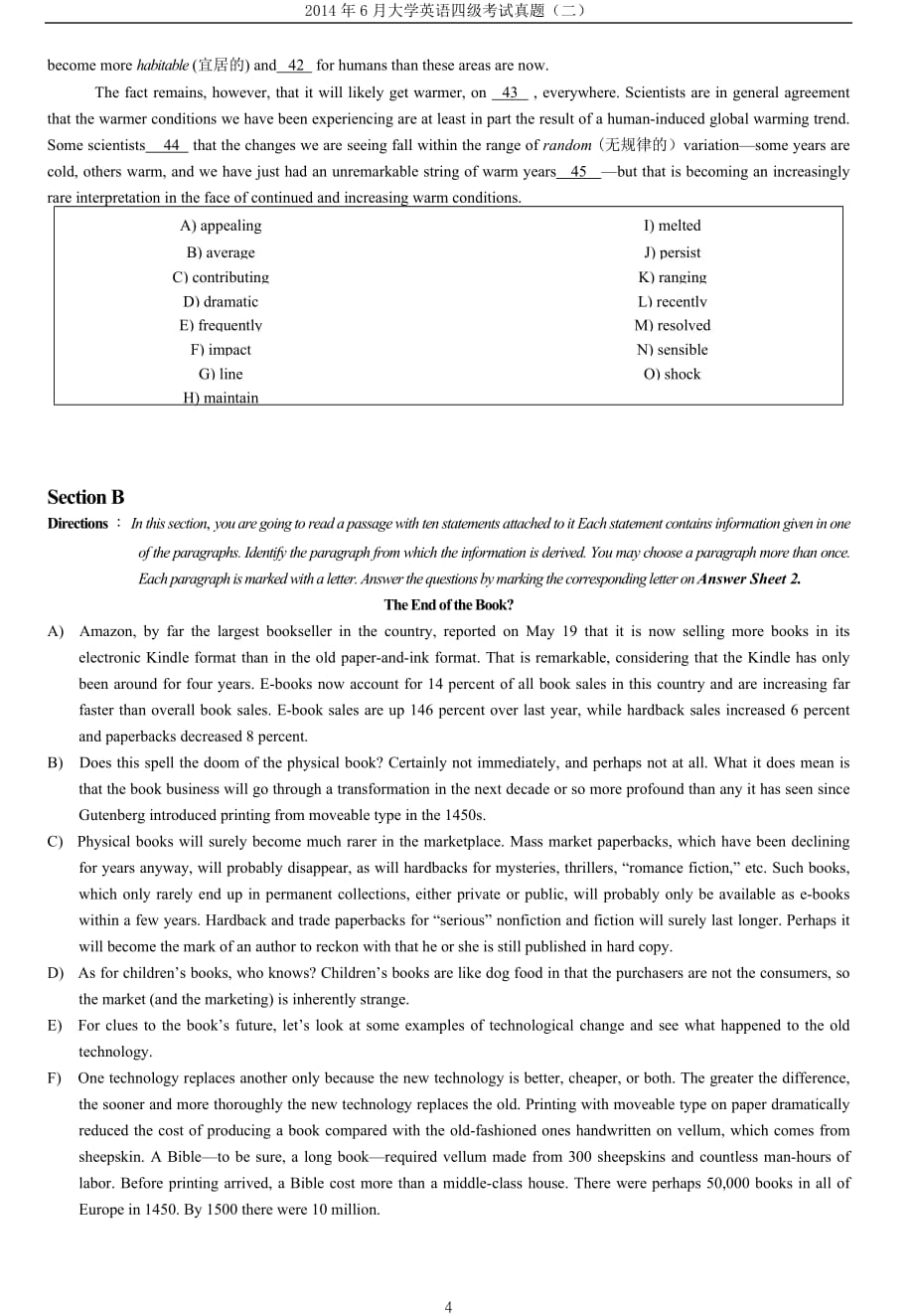 2014年6月年大学英语四级考试真题（二）_第4页
