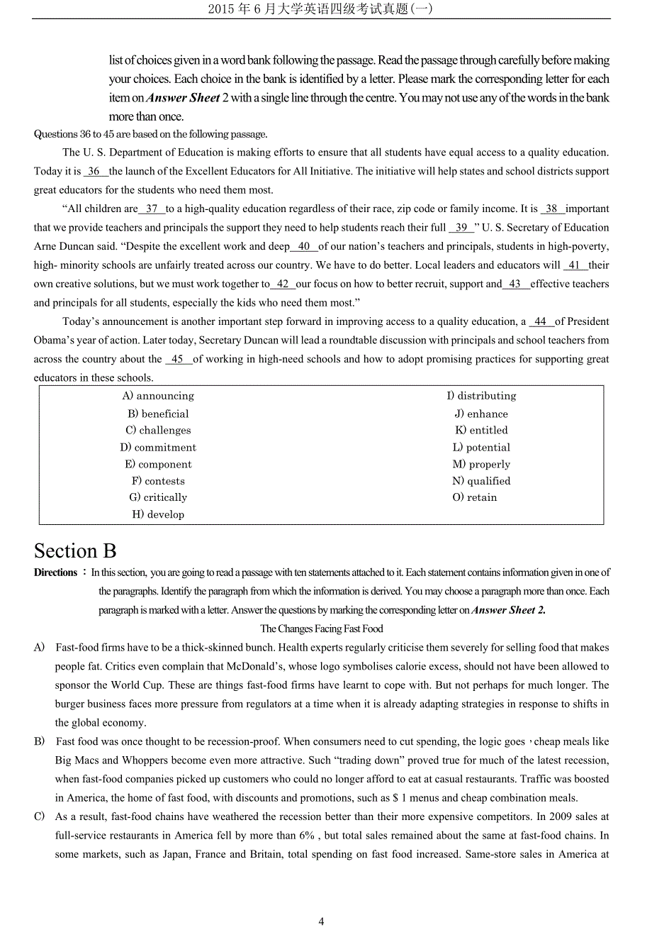 2015年6月年大学英语四级真题（一）_第4页