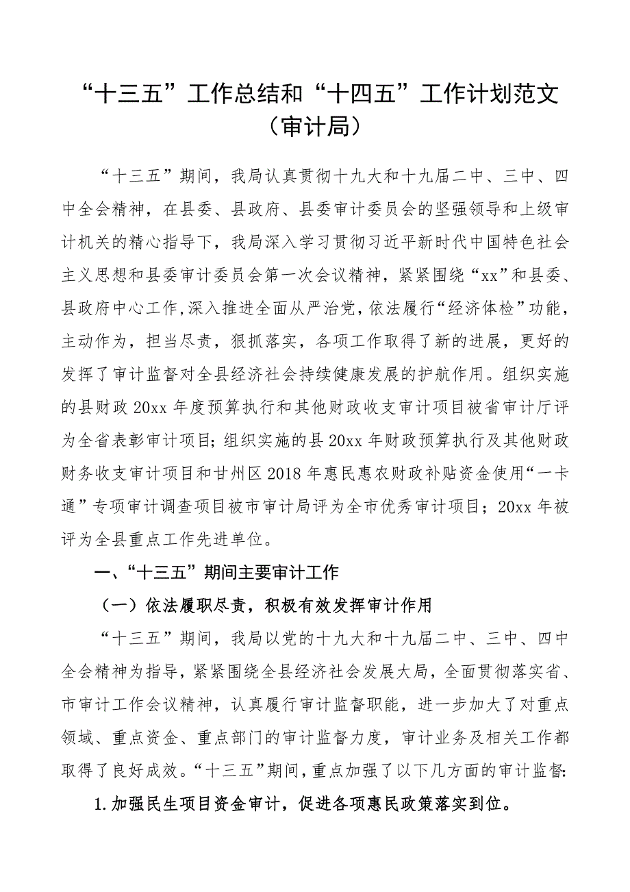 2020年审计局“十三五”工作总结和“十四五”工作计划（范文）_第1页