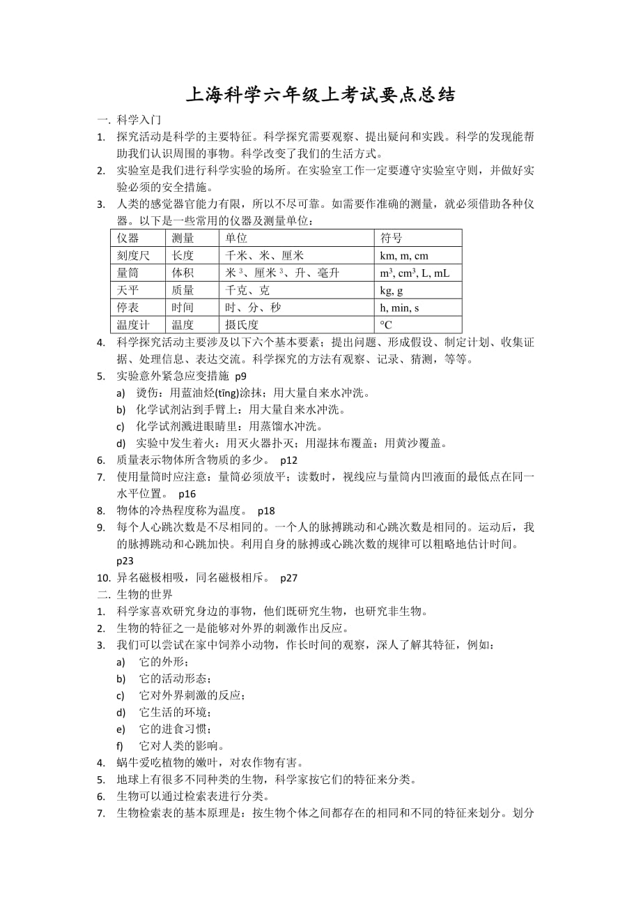 上海科学六年级上考试要点总结_第1页