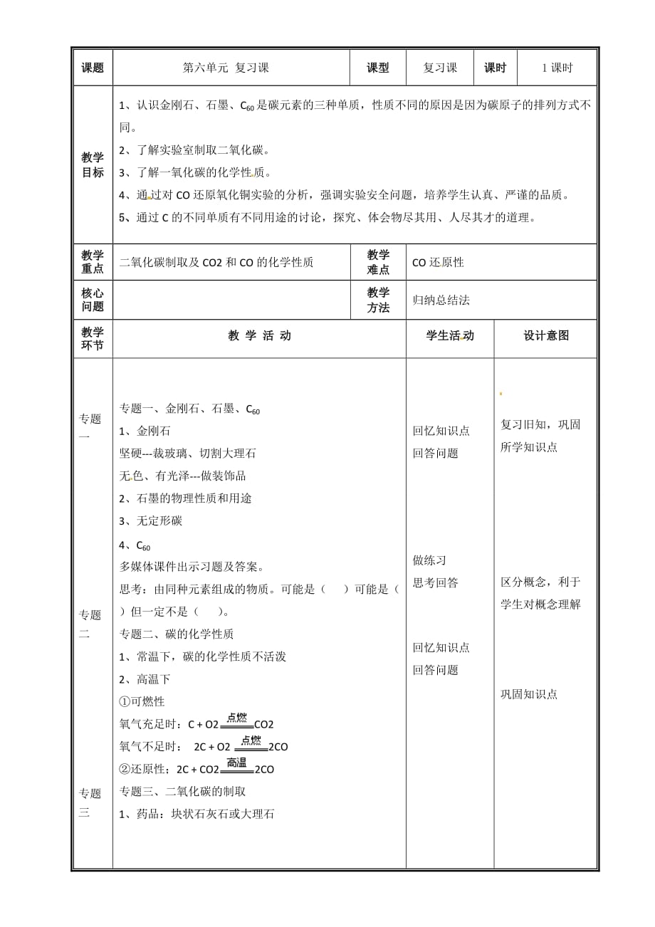 人教版九年级化学上册第六单元复习(表格式教案)_第1页