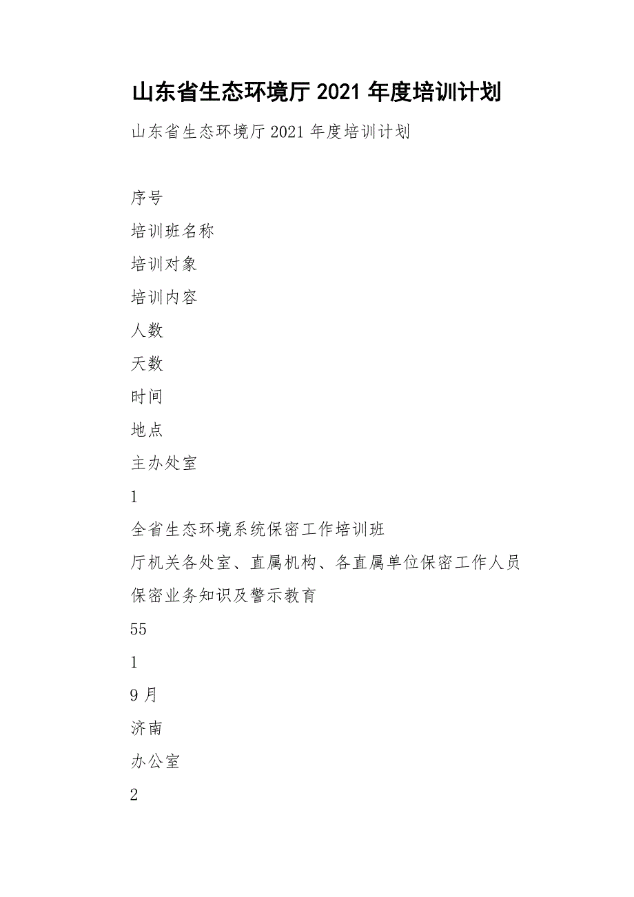 山东省生态环境厅2021年度培训计划_第1页