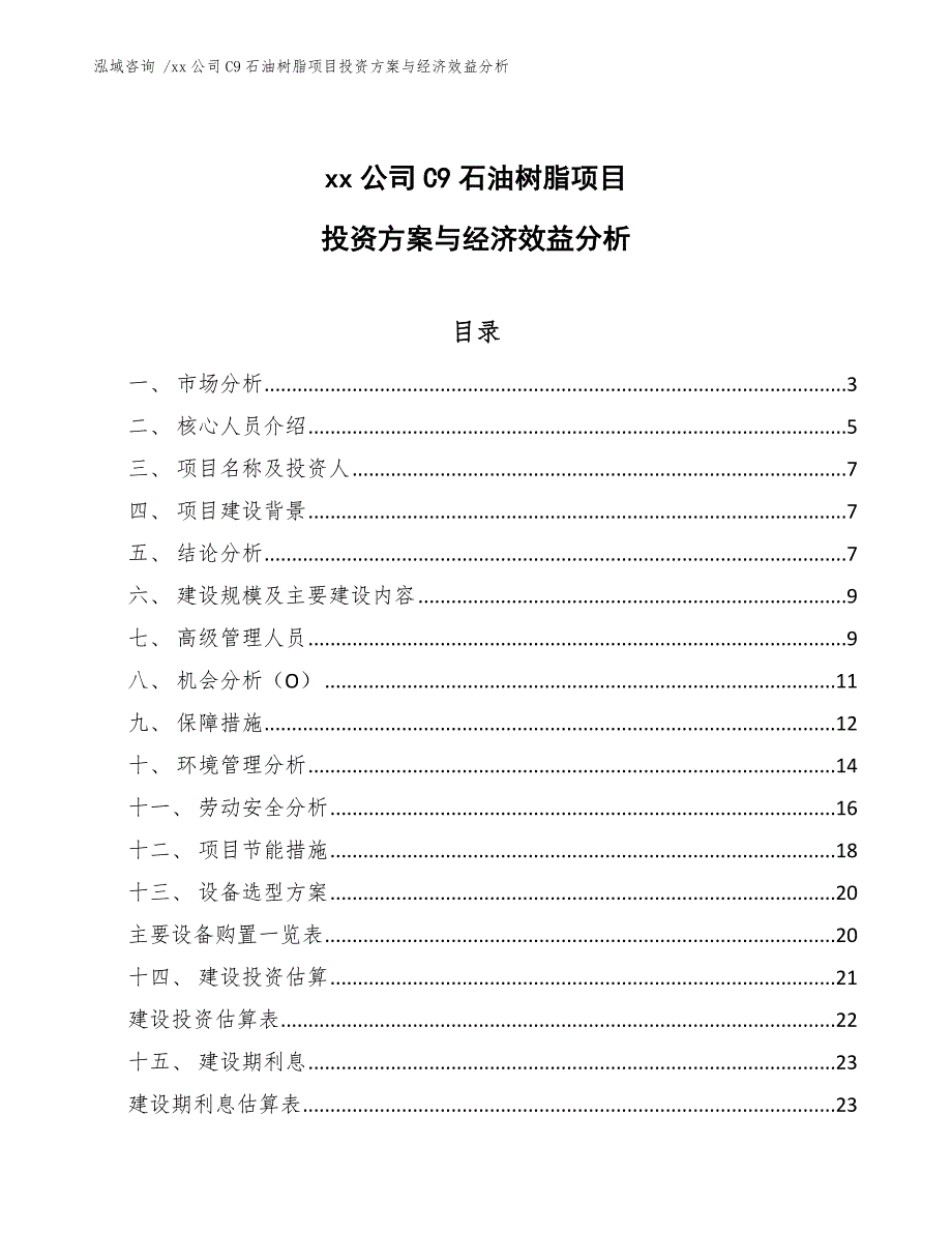 xx公司C9石油树脂项目投资方案与经济效益分析（模板参考）_第1页