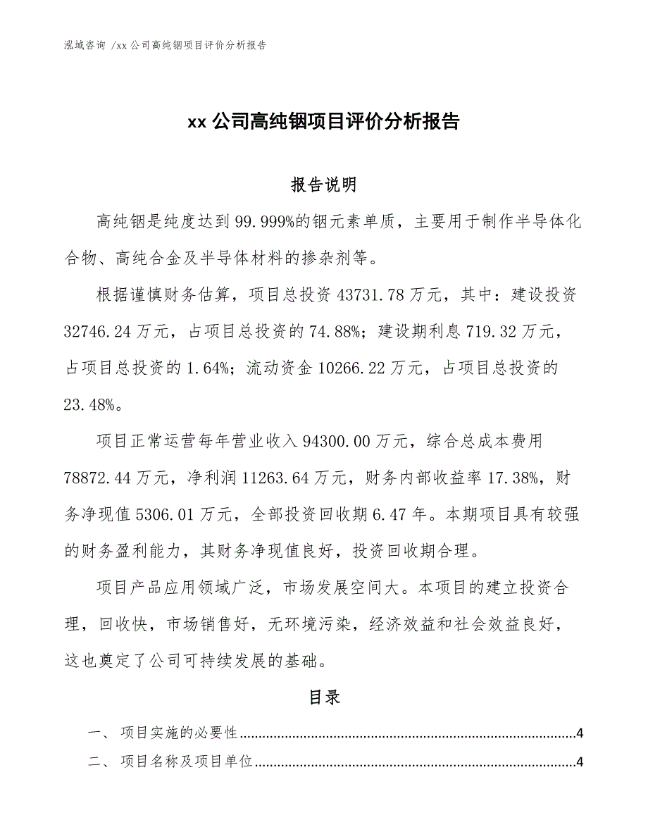 xx公司高纯铟项目评价分析报告（参考模板）_第1页