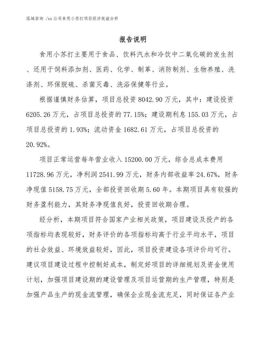 xx公司食用小苏打项目经济效益分析（参考模板）_第1页