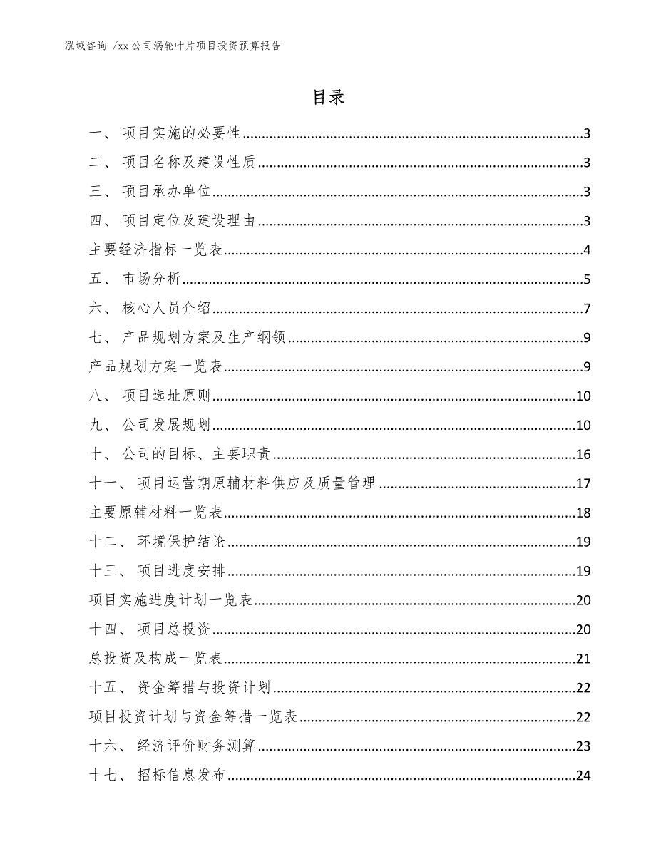 xx公司涡轮叶片项目投资预算报告（模板参考）_第1页