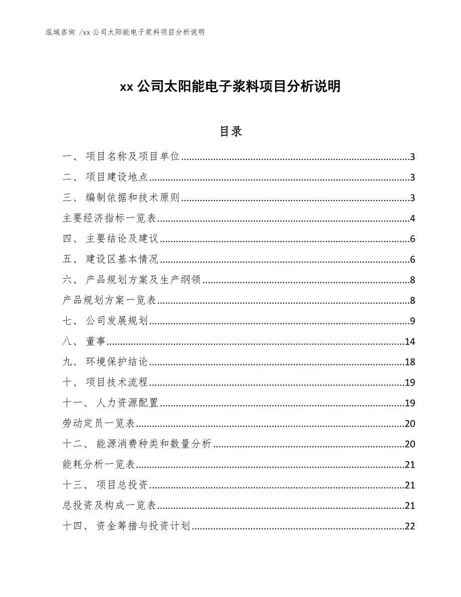 xx公司太阳能电子浆料项目分析说明（模板范文）_第1页