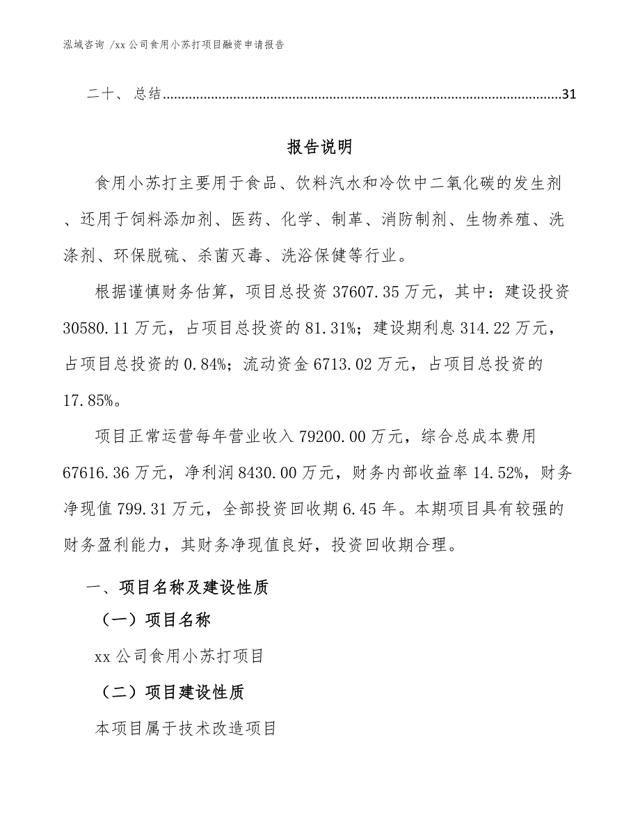 xx公司食用小苏打项目融资申请报告（参考模板）_第2页