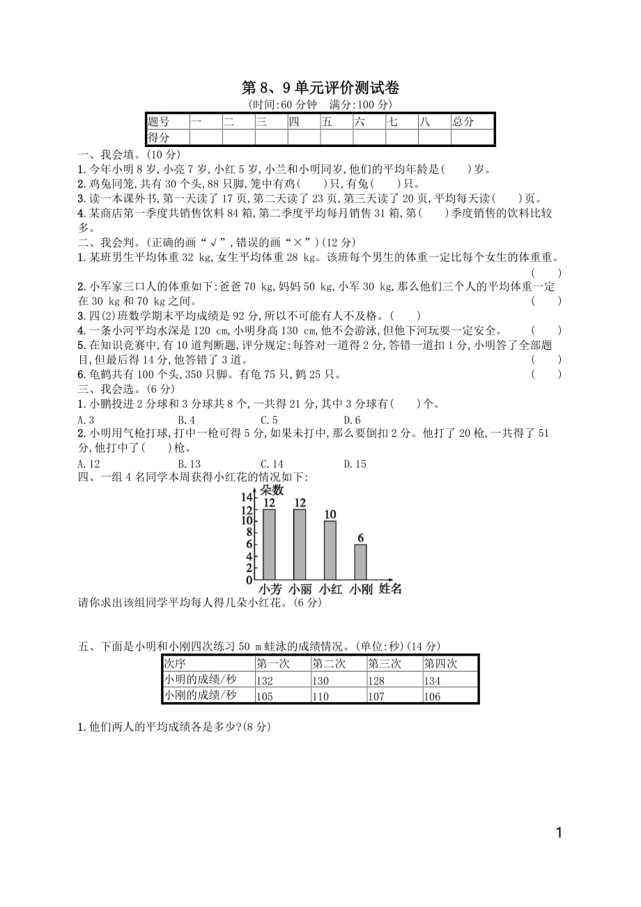 2021年四年级数学下册89单元评测试卷（有答案人教版）_第1页