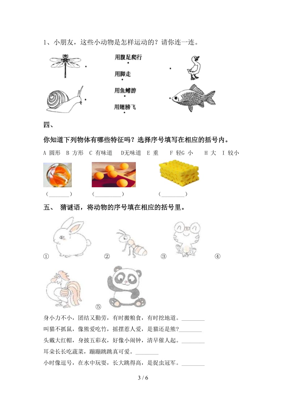 教科版小学一年级科学(上册)第一次月考试卷及答案（完整）_第3页