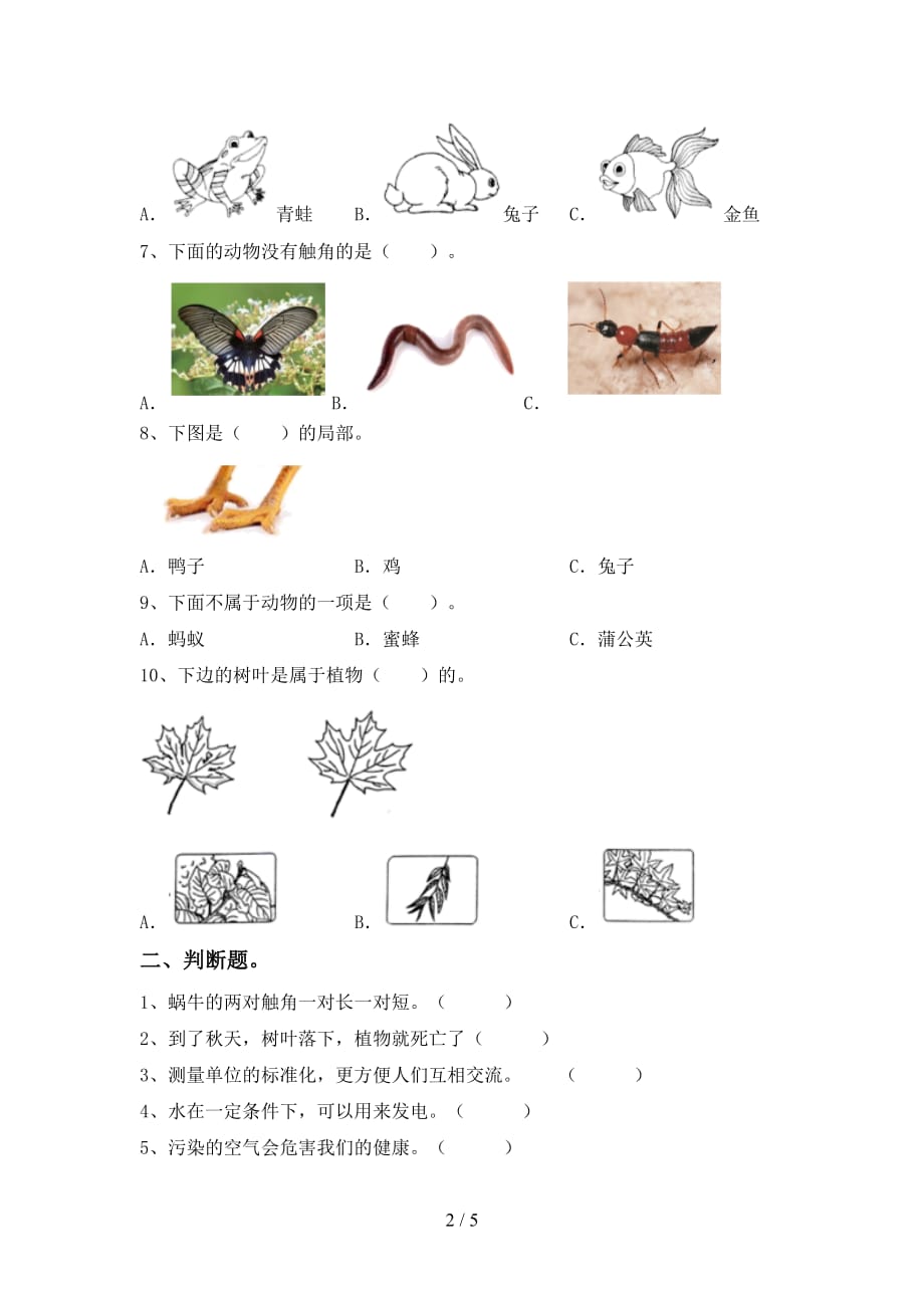 最新教科版一年级科学上册月考考试题及完整答案_第2页