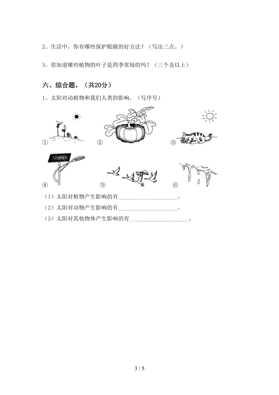 新人教版二年级科学上册期末考试及答案【】_第3页