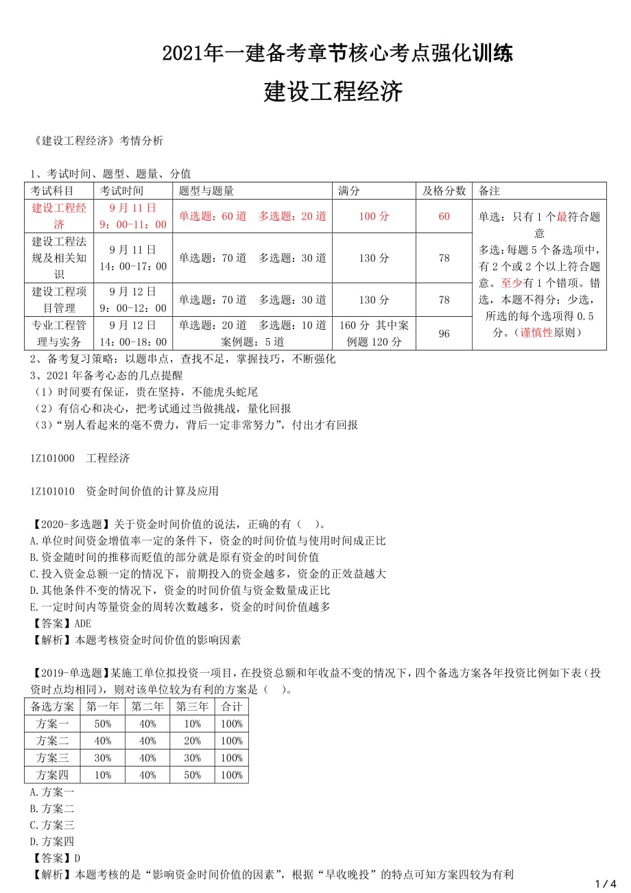 2021年一建经济备考章节核心考点强化训练 Z101000 工程经济（一）_第1页