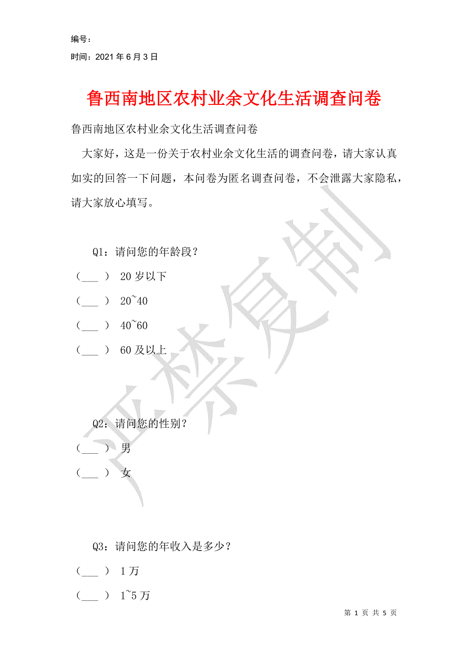 鲁西南地区农村业余文化生活调查问卷_第1页