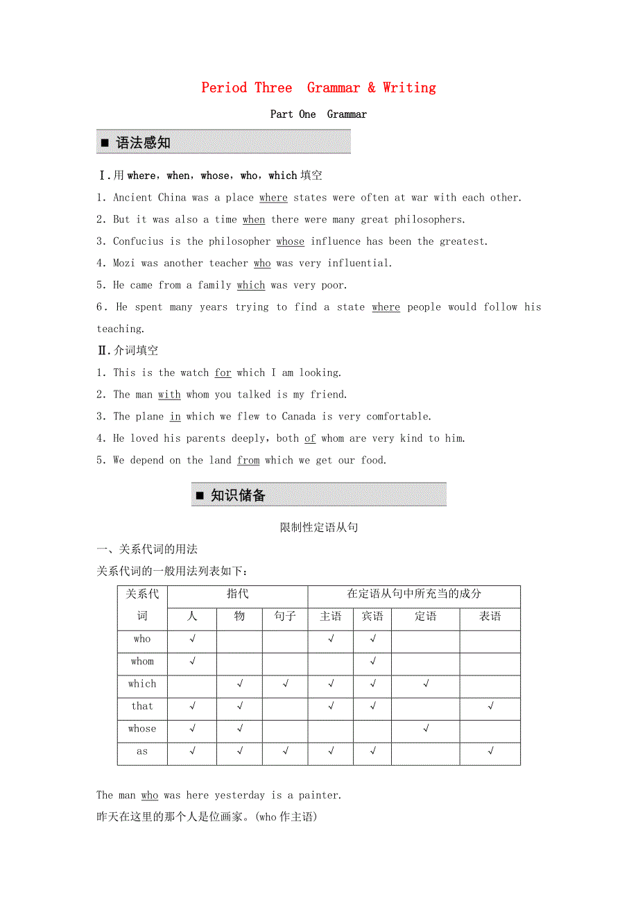 【创新设计】20162017学年高中英语 module 5 great people and great invention of ancient china period three grammar writing课时作业 外研版必修3_第1页