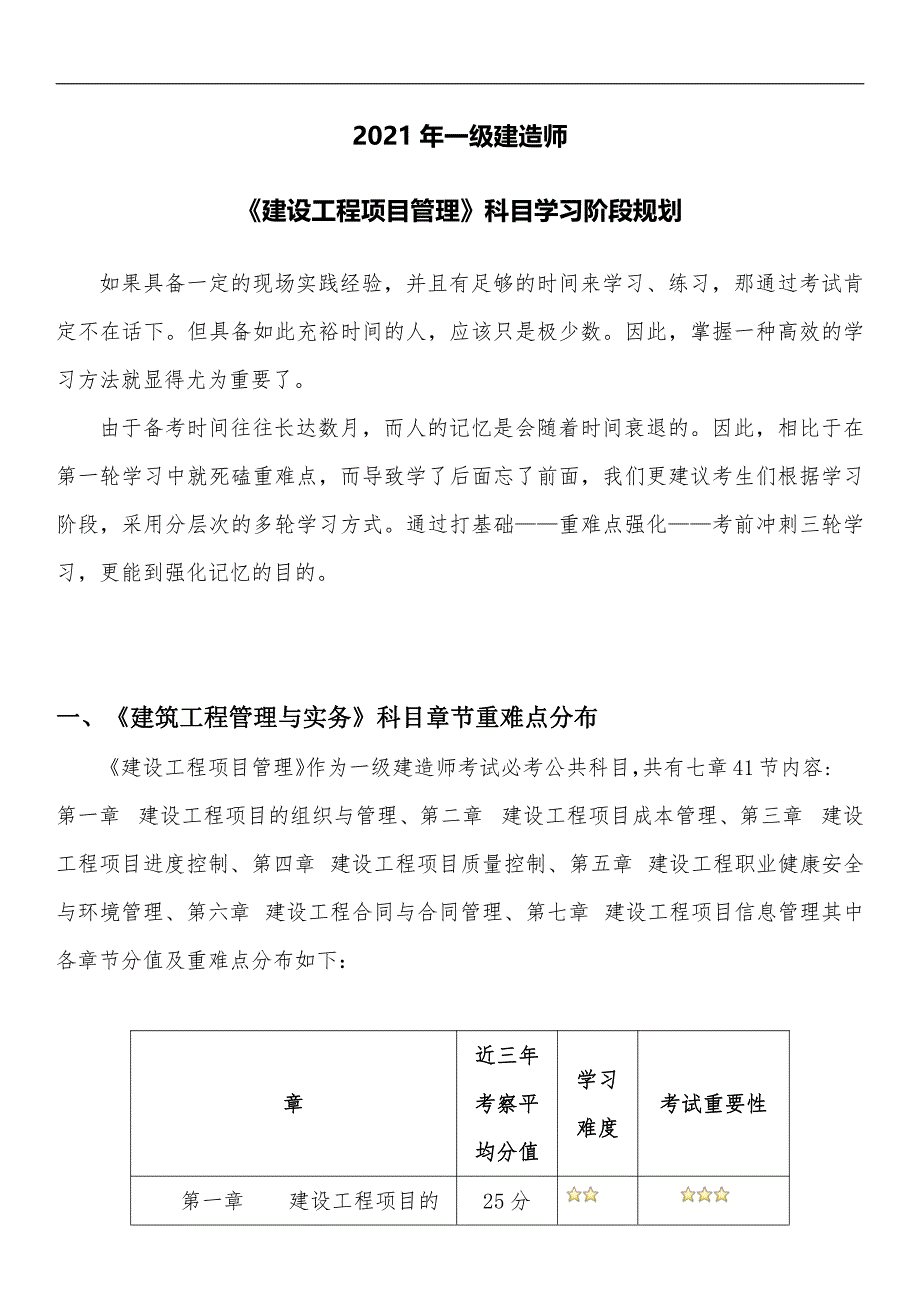 2021年一级建造师《建设工程项目管理》重难点学习规划手册-_第1页