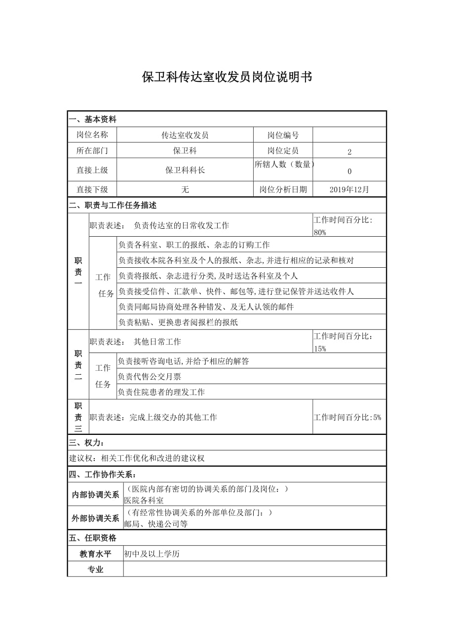 保卫科传达室收发员岗位说明书_第1页