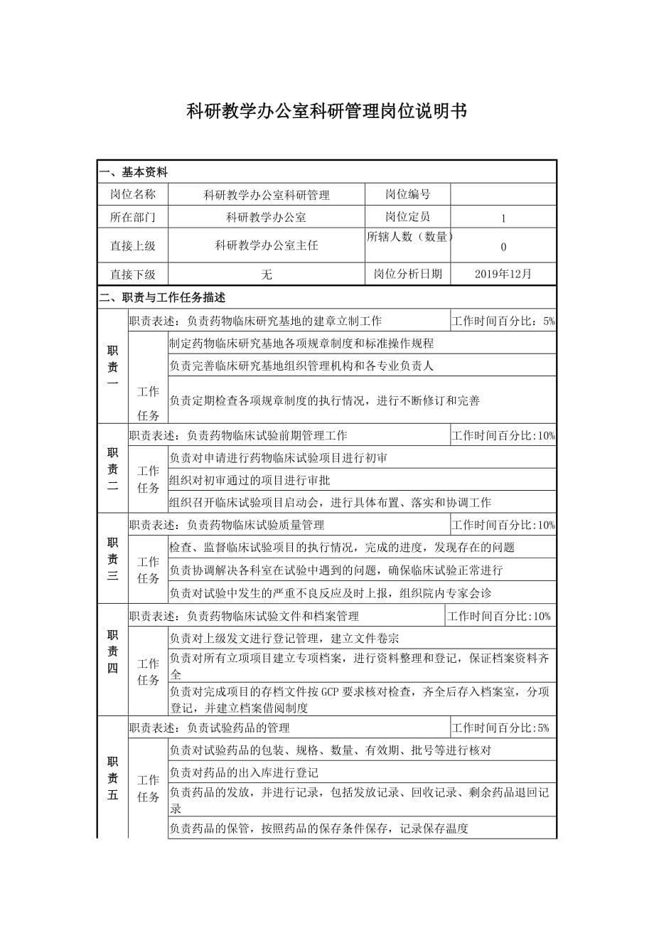 科研教学办公室科研管理岗位说明书_第1页