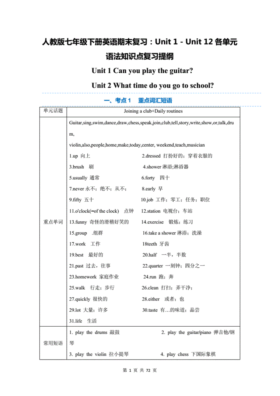 人教版七年级下册英语期末复习：Unit1－Unit12各单元语法知识点复习提纲（全面！）_第1页