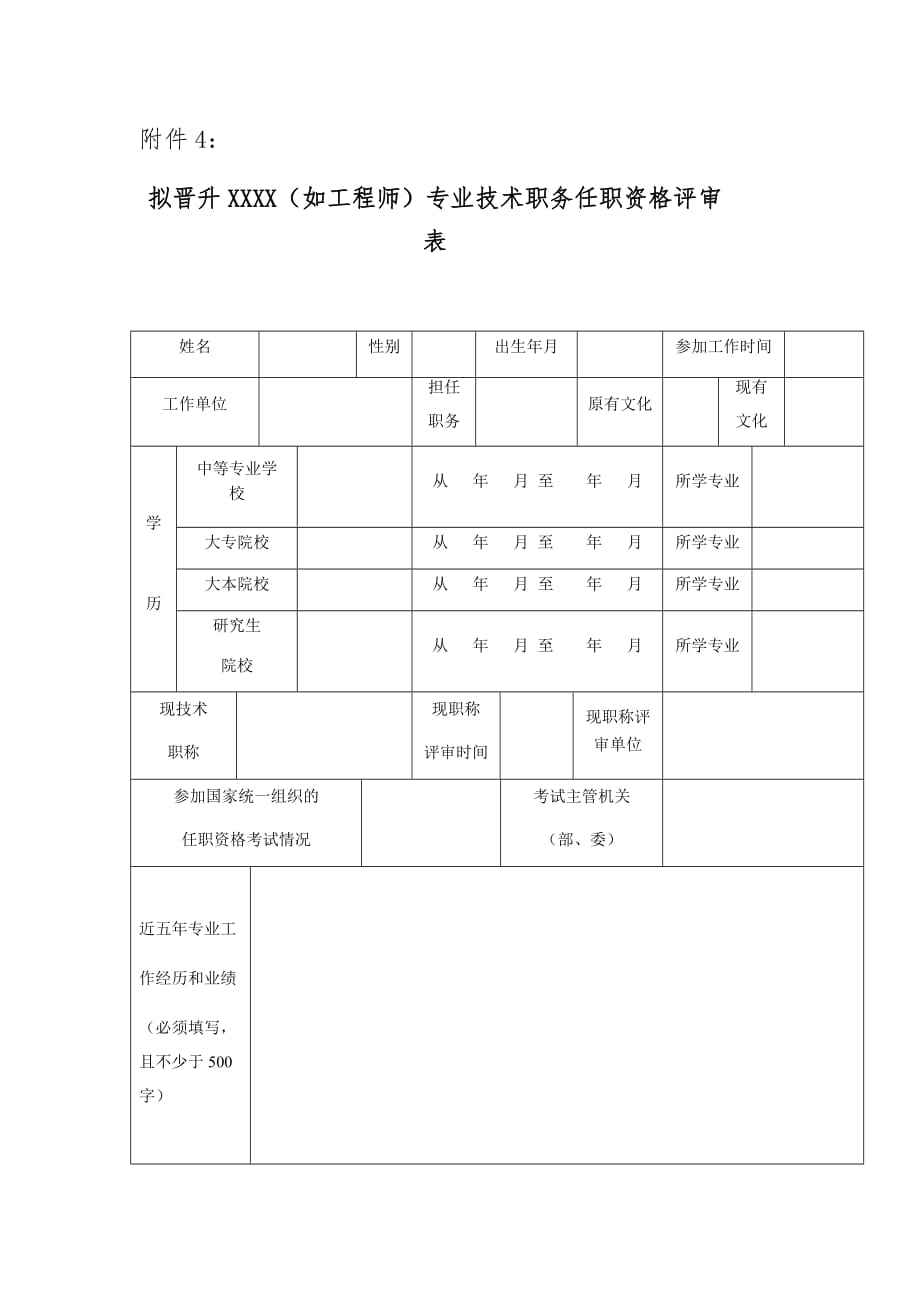 附件4：拟晋升XXXX专业技术职务任职资格评审表_第1页