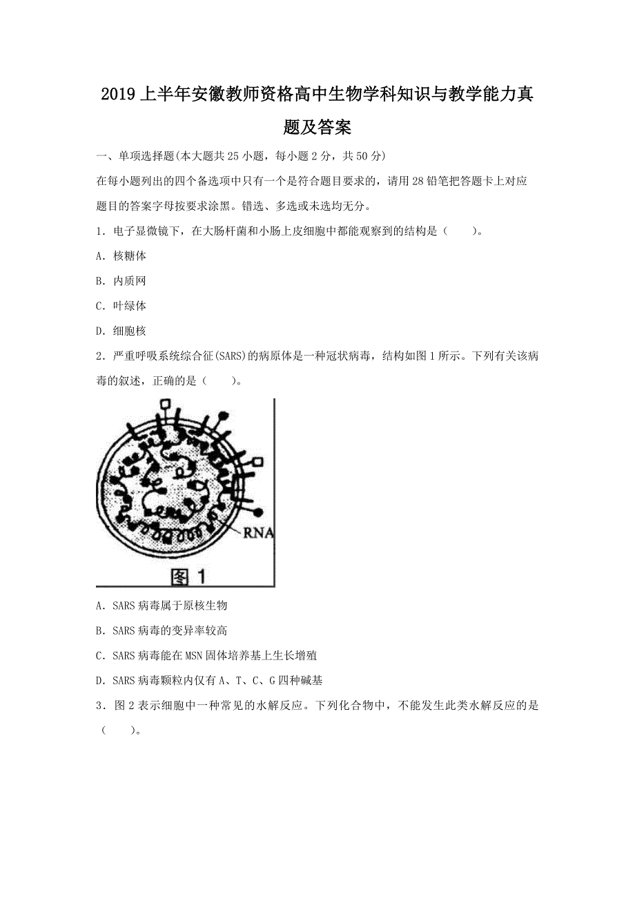 2019上半年安徽教师资格高中生物学科知识与教学能力真题解析版_第1页