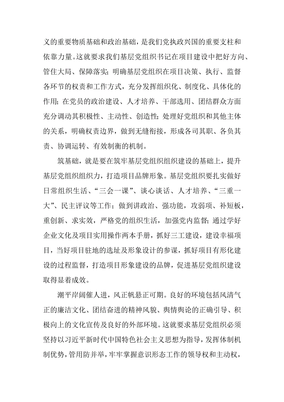 参加局项目党组织书记培训班学习心得体会（word模板）._第3页