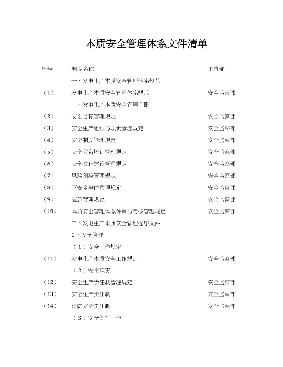 【制度】本质安全管理体系文件清单（9页）_第1页